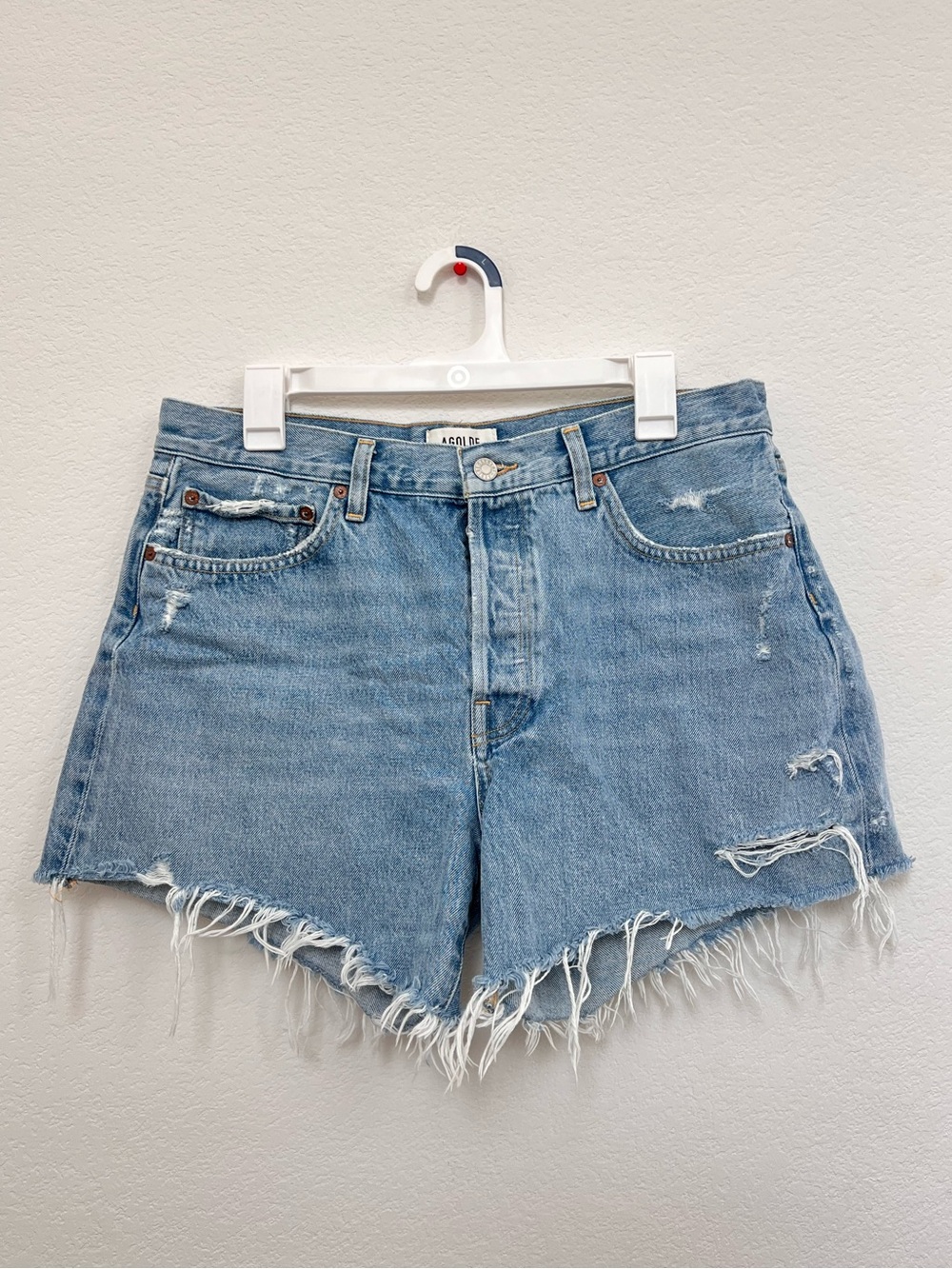 AGOLDE Parker Long Blue Distressed Denim Shorts Women's Size 30 100% Cotton